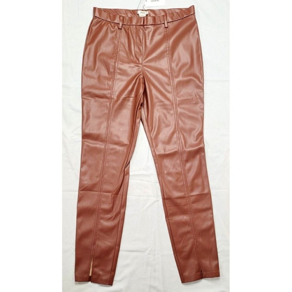 Large Jason Wu Brown Soft Vegan Faux Leather Skinny Pants Split Hem High-Waist